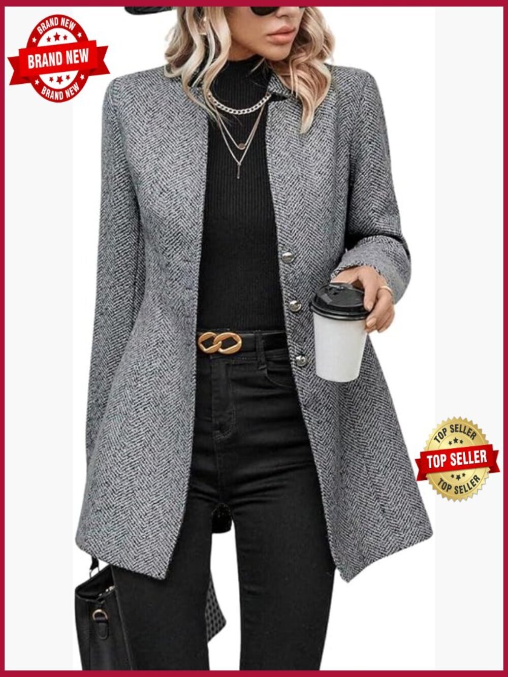 Womens Business Casual Herringbone Wool Coat Blazer Jacket Notch Collar